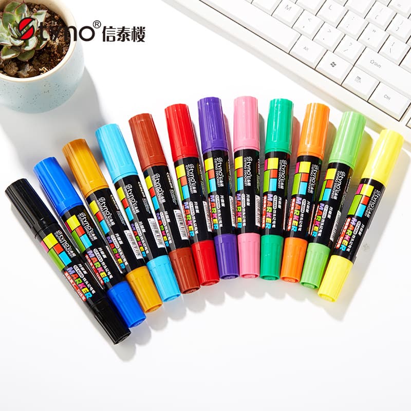 Oil-Based Marker Pen Student Painting 12-Color Set Double-Tip Marker Pen Thick Tip Quick-Dry Waterproof Graffiti Marker Pen