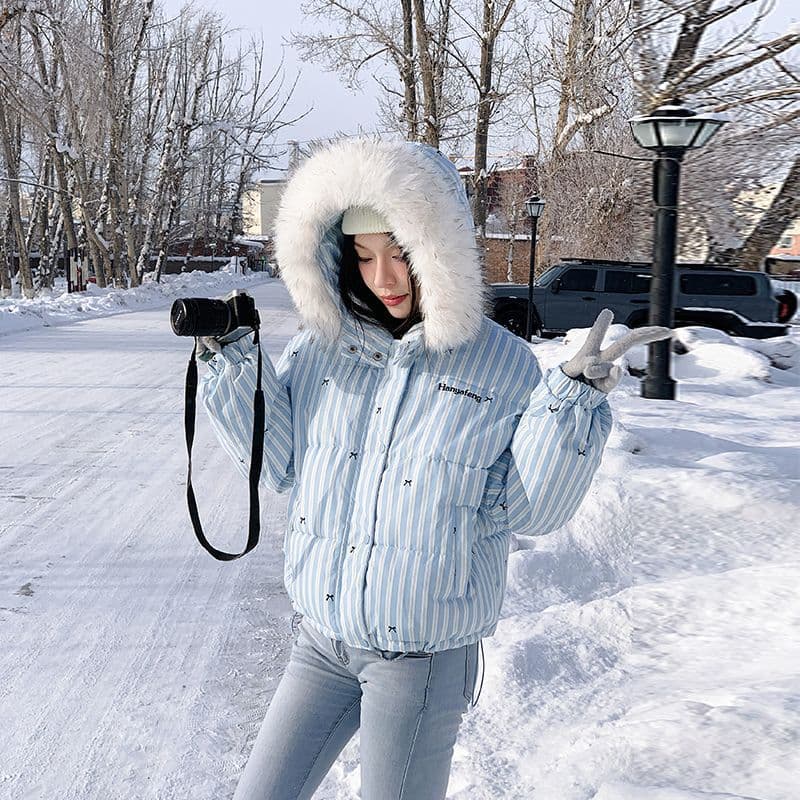 American Design Stripe Bow Fur Collar Hooded Puffer Coat for Women, Winter New Thickened Warm Quilted Jacket
