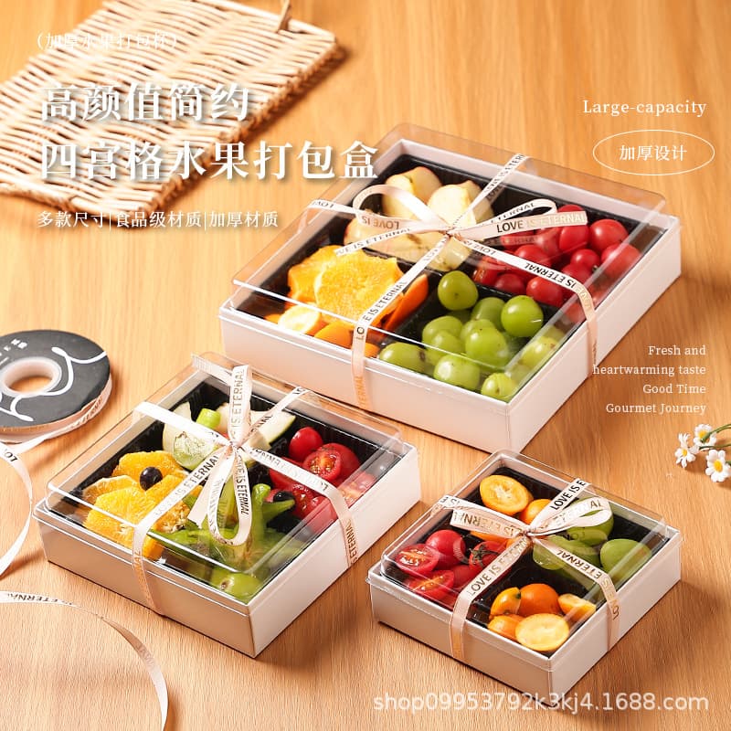 Trendy Fruit Cut Packaging Box Square Four-Compartment Four-Mix Fresh Fruit Platter Disposable Transparent Paper-Plastic Takeout Box