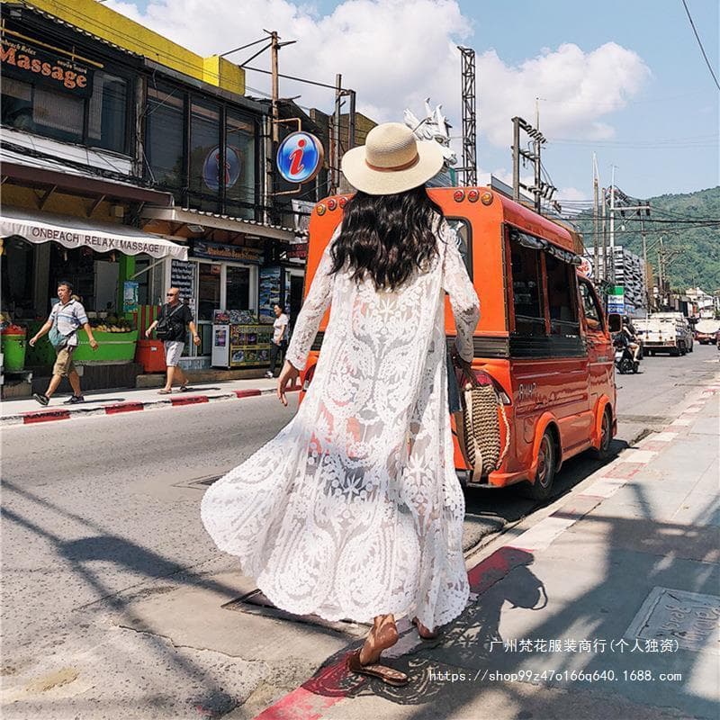 Cross-border Europe and America Mesh Swimsuit Cover-up Long Sleeve Sun Protection Lace Embroidery Cardigan Beach Bikini Outerwear