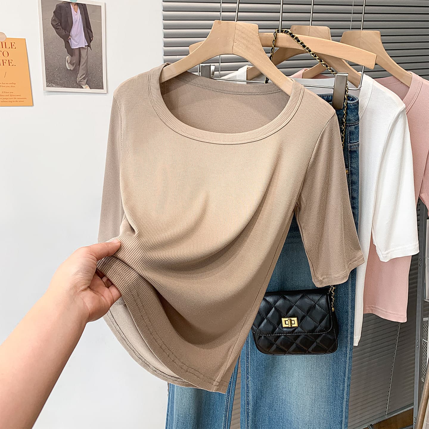 Women's Summer Thin Knitted Ribbed Three-Quarter Sleeve Square Neck T-Shirt Outerwear Short Sleeve Inner Layering Base Top Slim Half Sleeve Top