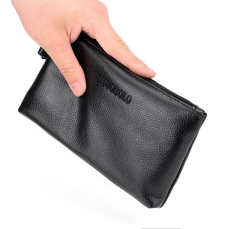 Wholesale Single Pull Men's New Solid Color Soft Leather Clutch Bag Multi-Functional Mobile Phone Wallet Manufacturer Ready Stock Can Be Added with Logo