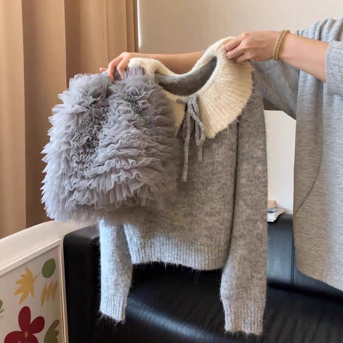 Korean Style Girls' School Style 3D Bow Knit Sweater, Winter New Lazy Soft Loose Long Sleeve Sweater