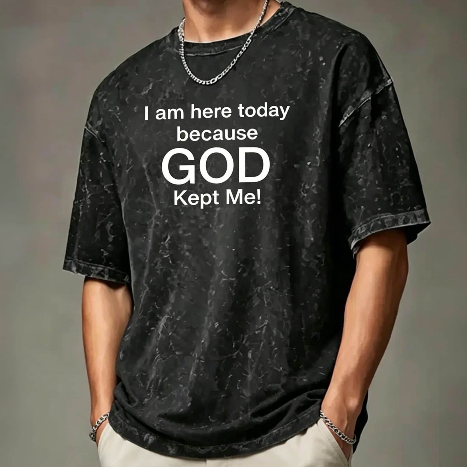 American Retro Snow Wash Distressed Short Sleeve T-Shirt Men GOD Religious Slogan Print Oversize Top