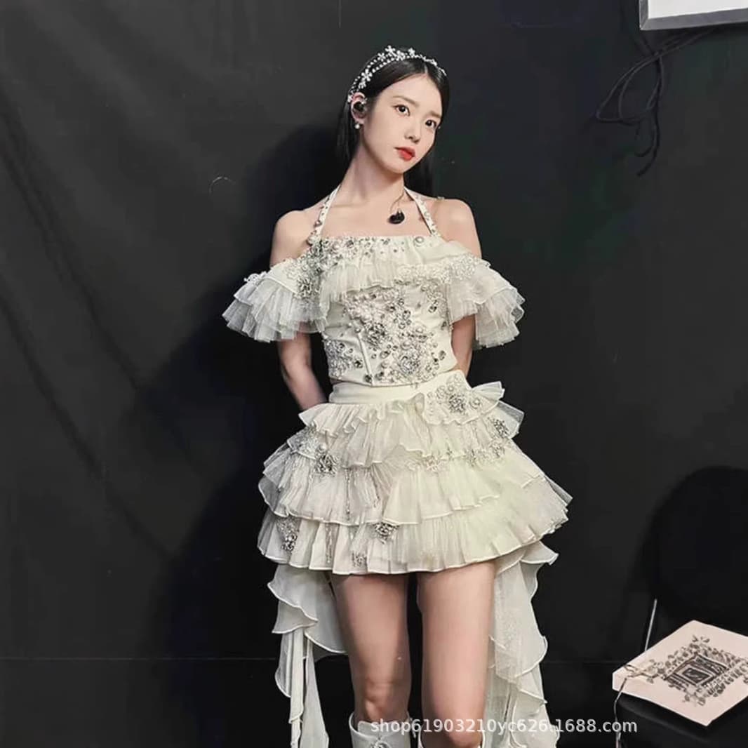 IU Same White Heavy-Duty Sequins Halter Neck Bustier Top Women 2024 Summer New Cake Skirt Set Two-Piece