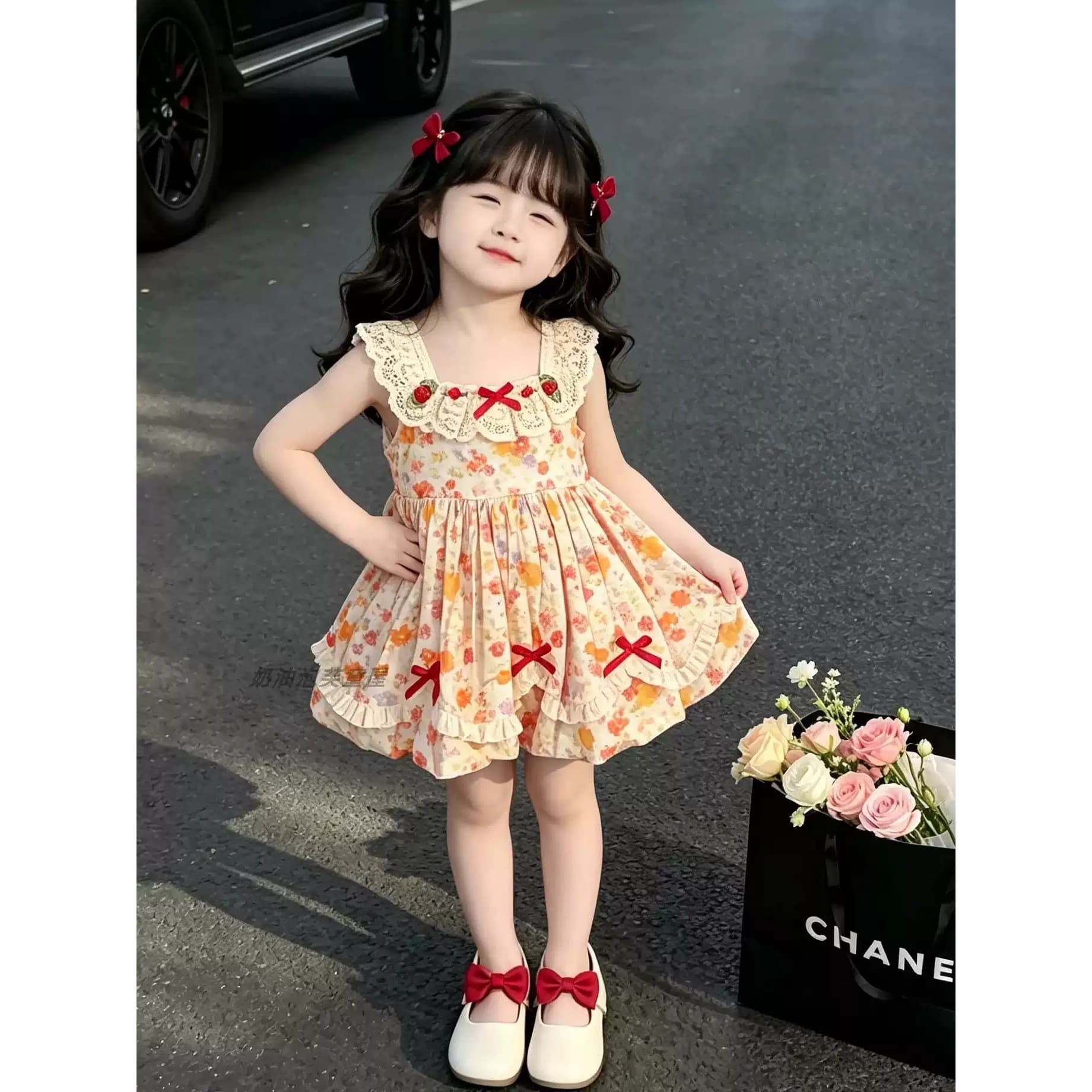 FHW girls summer vacation floral princess dress new children's baby fashionable and super good-looking vest dress
