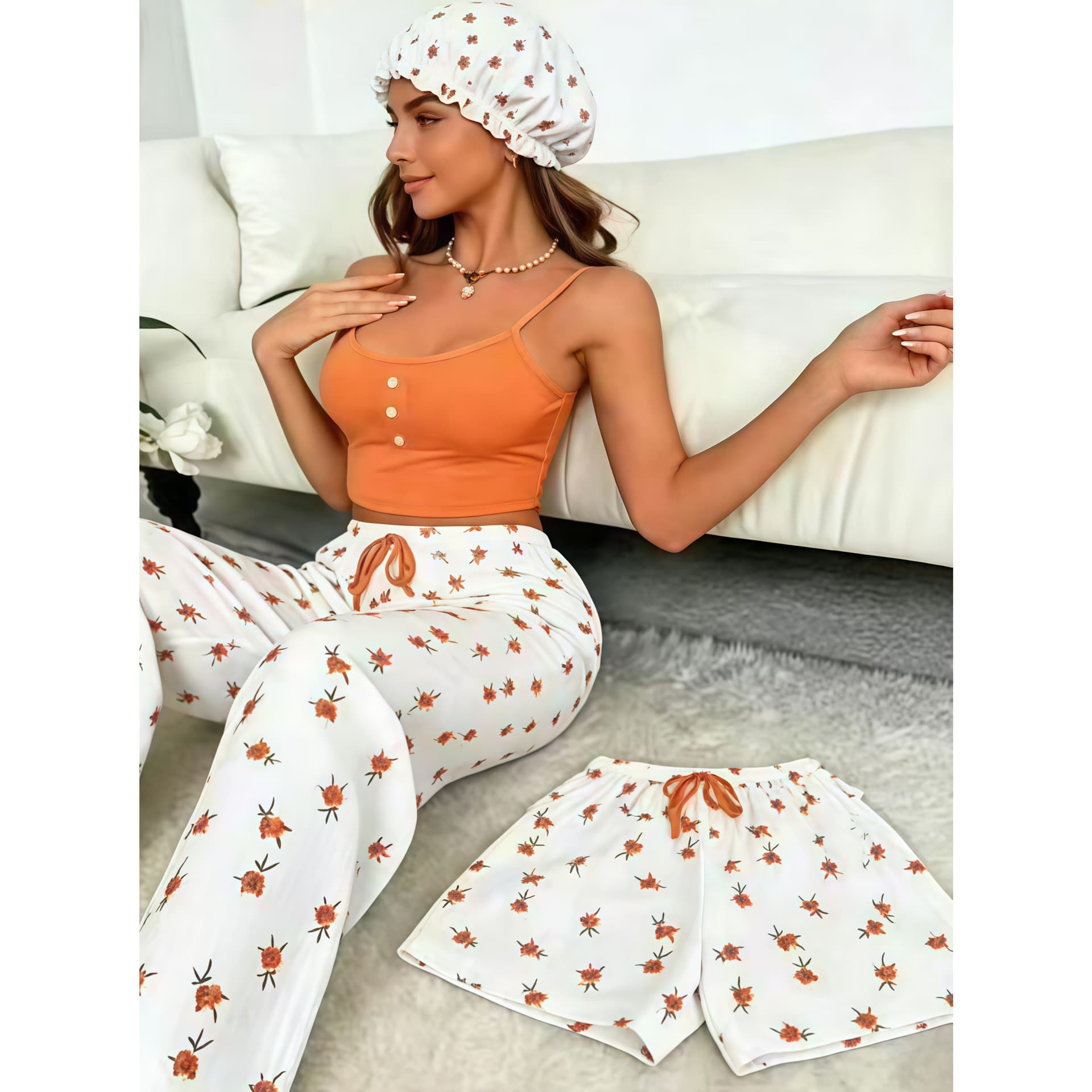 Cross-border Sleepwear, AliExpress New Style Camisole Long Pants Print with Shower Cap, Summer Fashion Women's Pajama Set