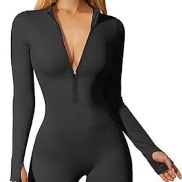 Amazon 2023 Women's Yoga Jumpsuit Workout Ribbed Long Sleeve Front Zip Activewear Romper