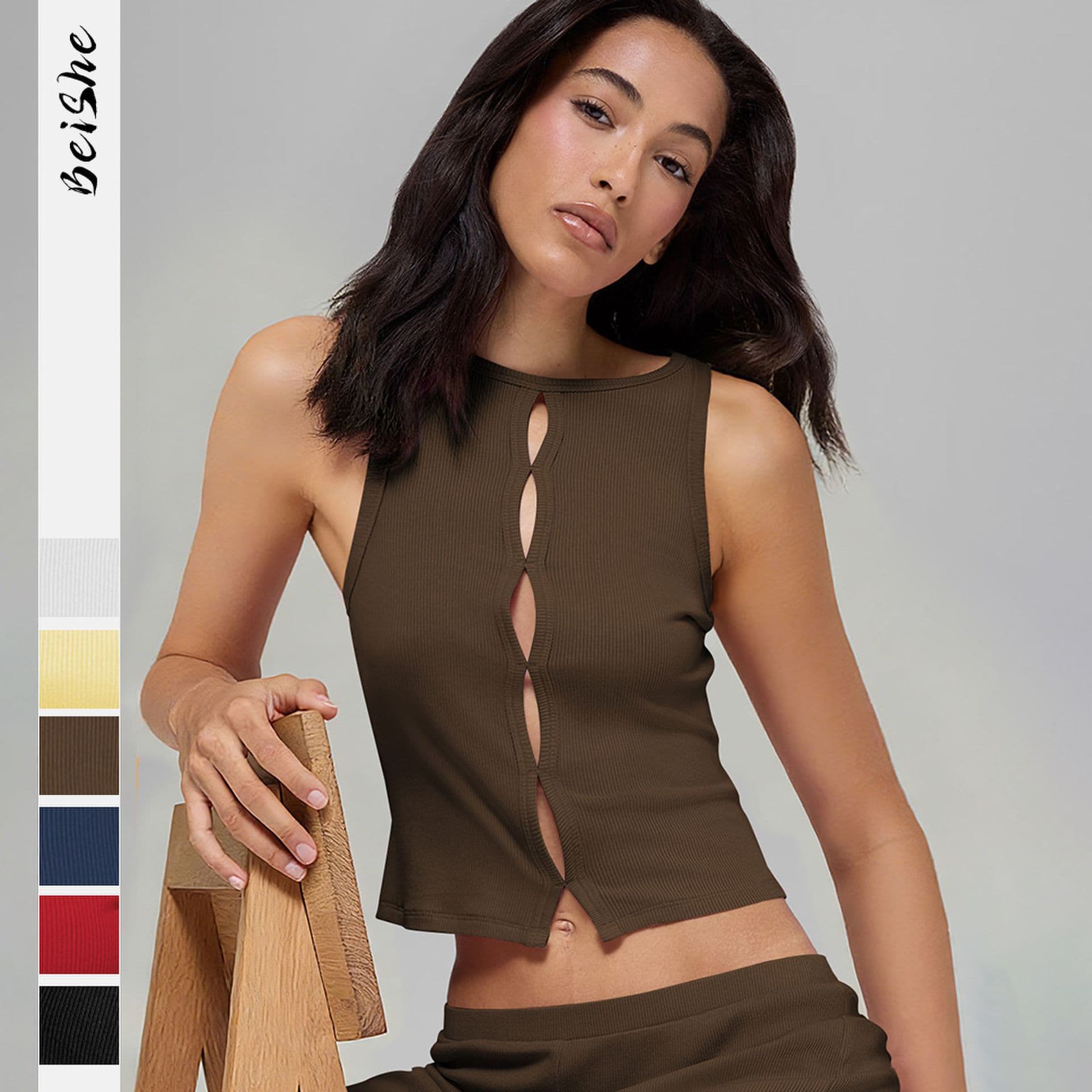 ebay hot style 2026 summer hollow design Y2K knitted round neck sleeveless vest for women ribbed top hot girl
