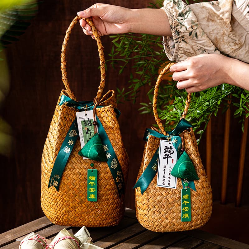 2026 Chinese Dragon Boat Festival Gift Basket Empty Basket Handwoven Straw Basket Zongzi Salted Duck Egg Vintage Round Gift Basket