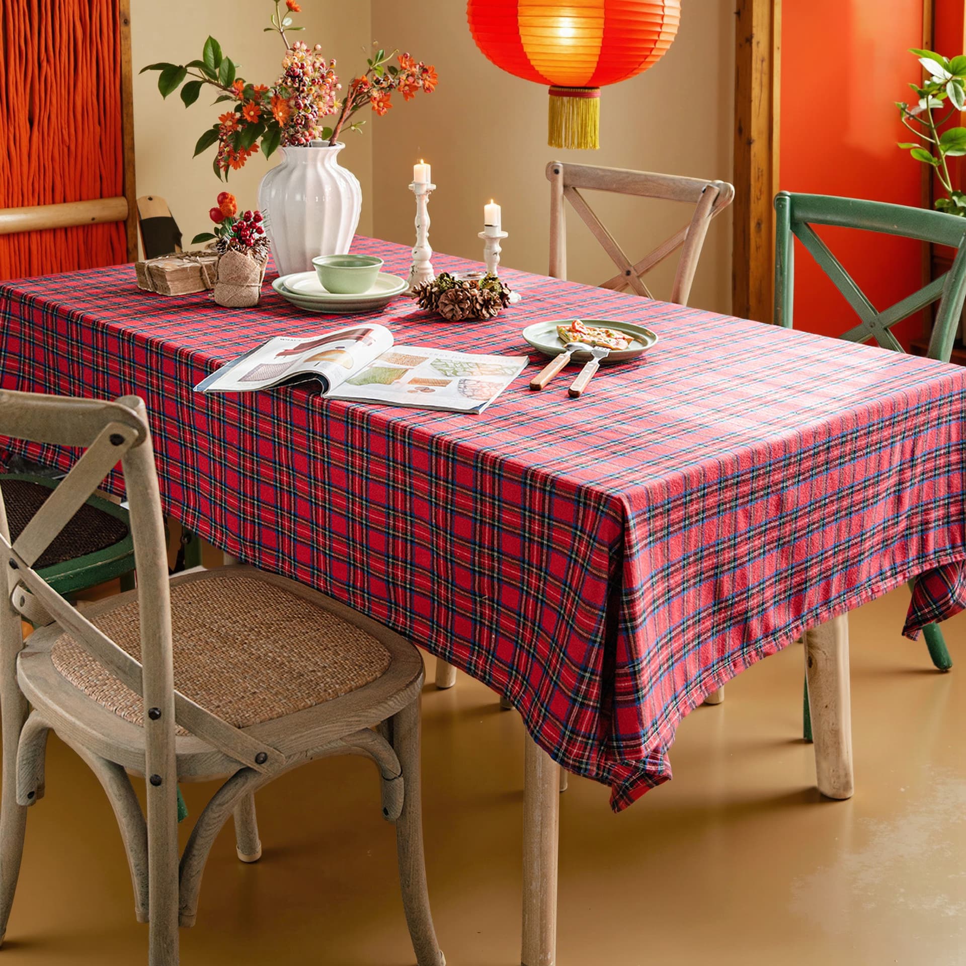 American Vintage Rectangular Tablecloth Cotton Linen Red Plaid American Dining Table Cloth Festive Atmosphere Decorative Table Cover