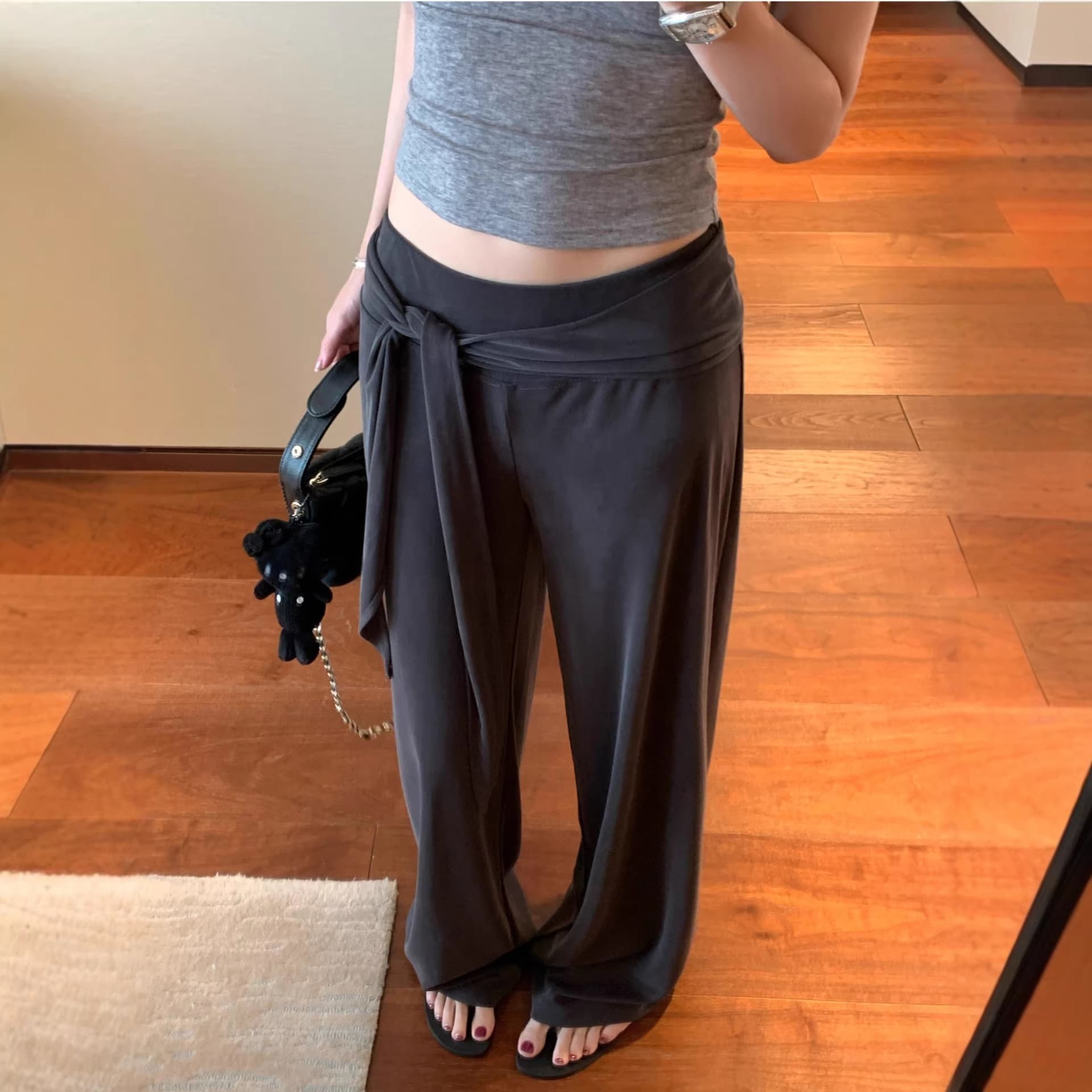 E Go Studio Ice-Cool Waffle Weave Wrinkle-Resistant Silky Texture Ribbon Straight Leg Elastic Waist Casual Pants for Women