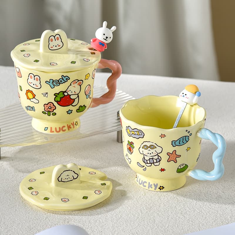 Cute cartoon cute breakfast cup with lid and spoon, girl's high-looking office home children's water cup
