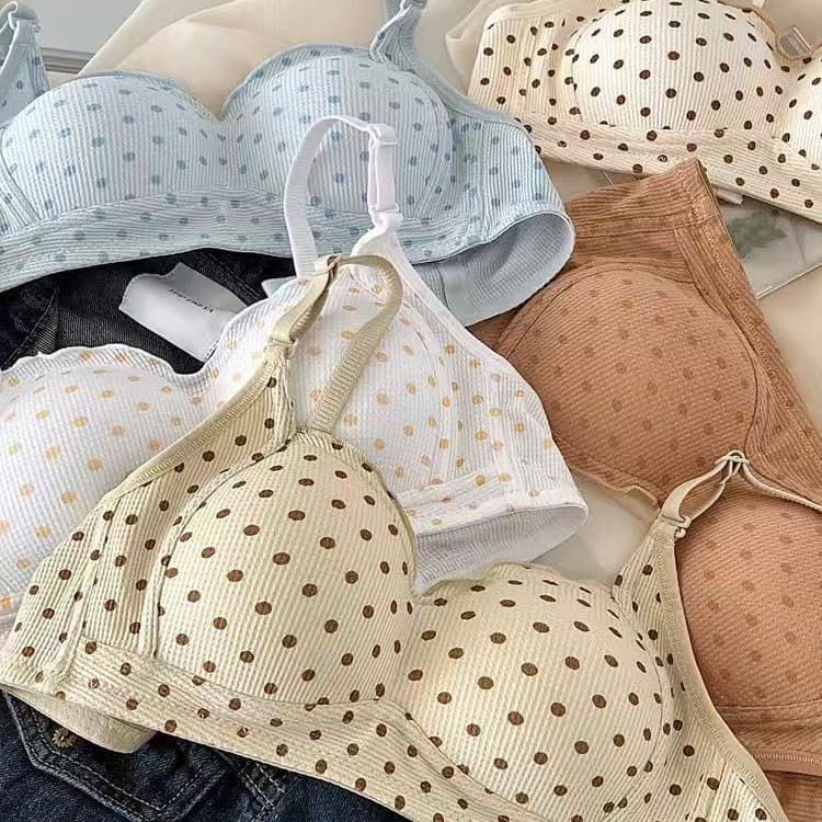 Polka Dot Girl Underwear, Sweet Small Bust, Wire-Free, Anti-Sagging, Comfortable and Breathable French Student Bra for Women
