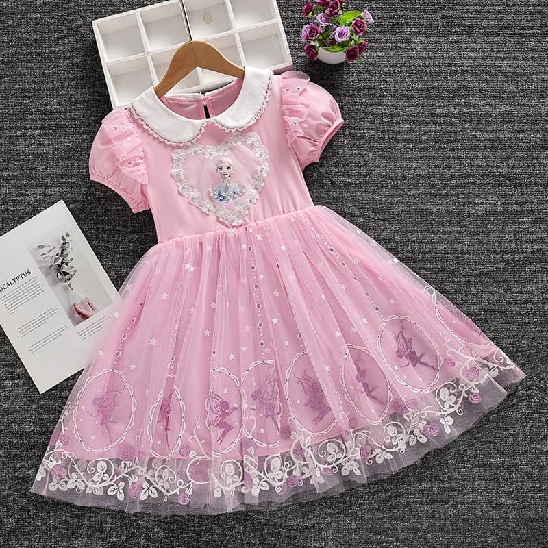 Elsa Princess Dress Children's Summer Short Sleeve Cotton Lace Dress Birthday Dress Trendy Korean Style Soft Cotton Fabric