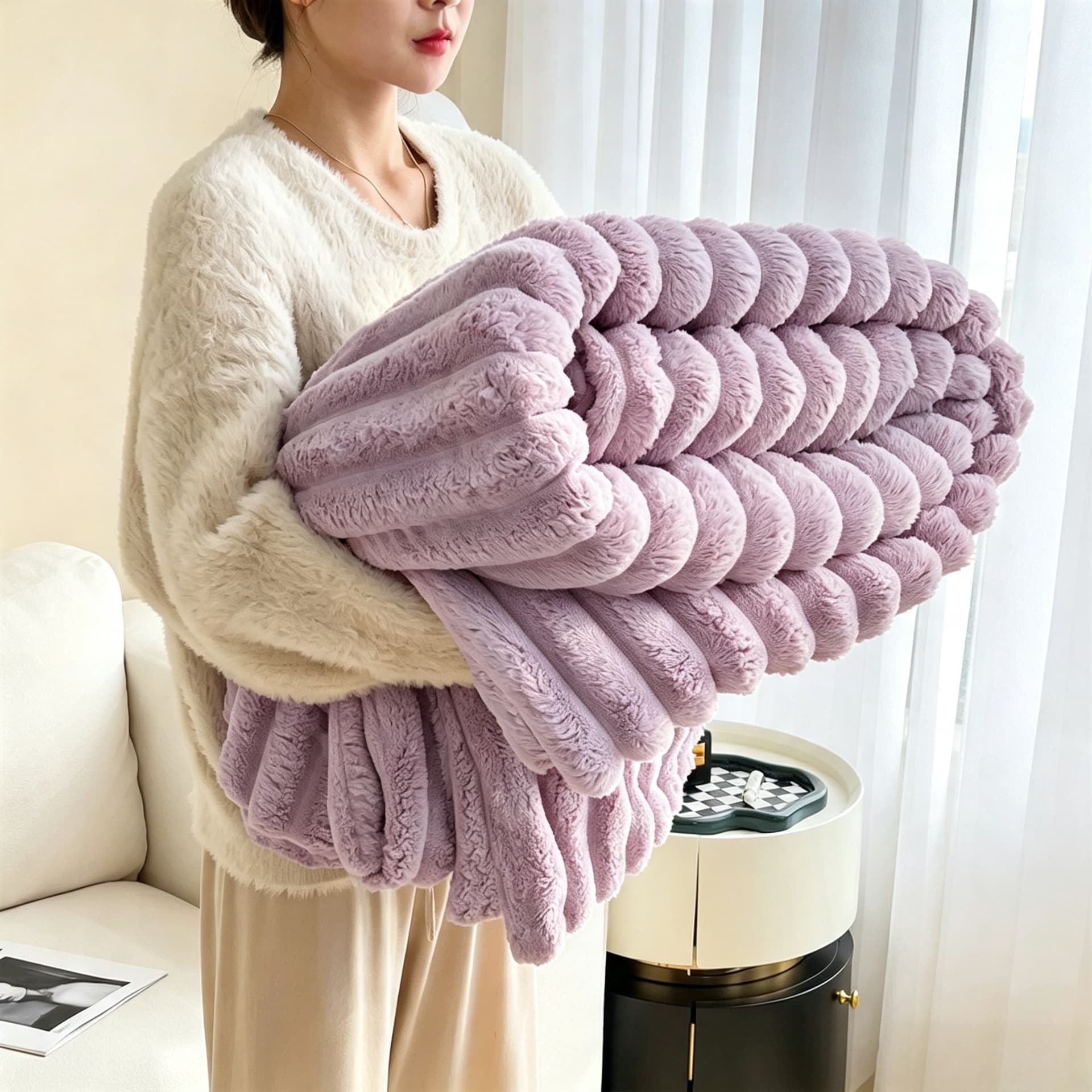Multifunctional Flannel Throw Blanket for Office Nap, Sofa, Car Travel - Export Quality Rabbit Fur Texture
