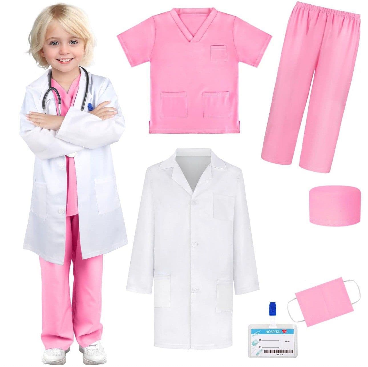 Kids Doctor Nurse Costume Set, White Lab Coat Surgical Suit for Boys and Girls, Role Play Dress-Up