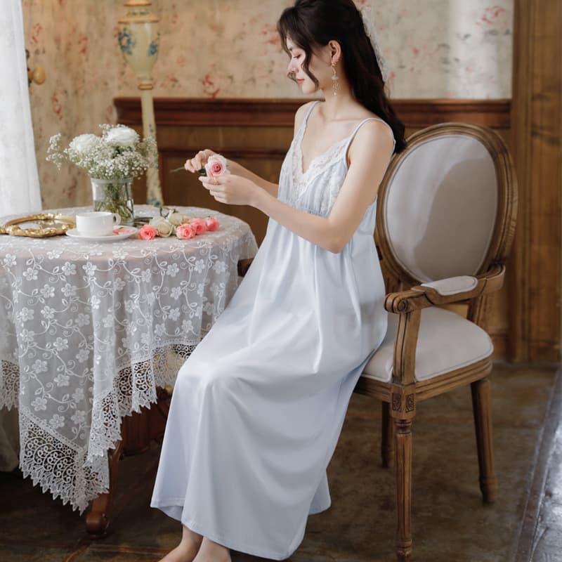 Sling Nightgown Women's Summer Cotton Palace Style Sexy Long Dress Princess Lace Pajamas Embroidered Chest Pad Outfit Home Clothes
