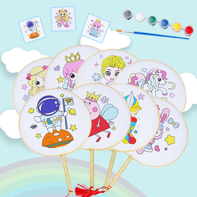 Children's graffiti painting fan DIY early childhood education painting round palace fan cartoon pattern coloring round fan bamboo