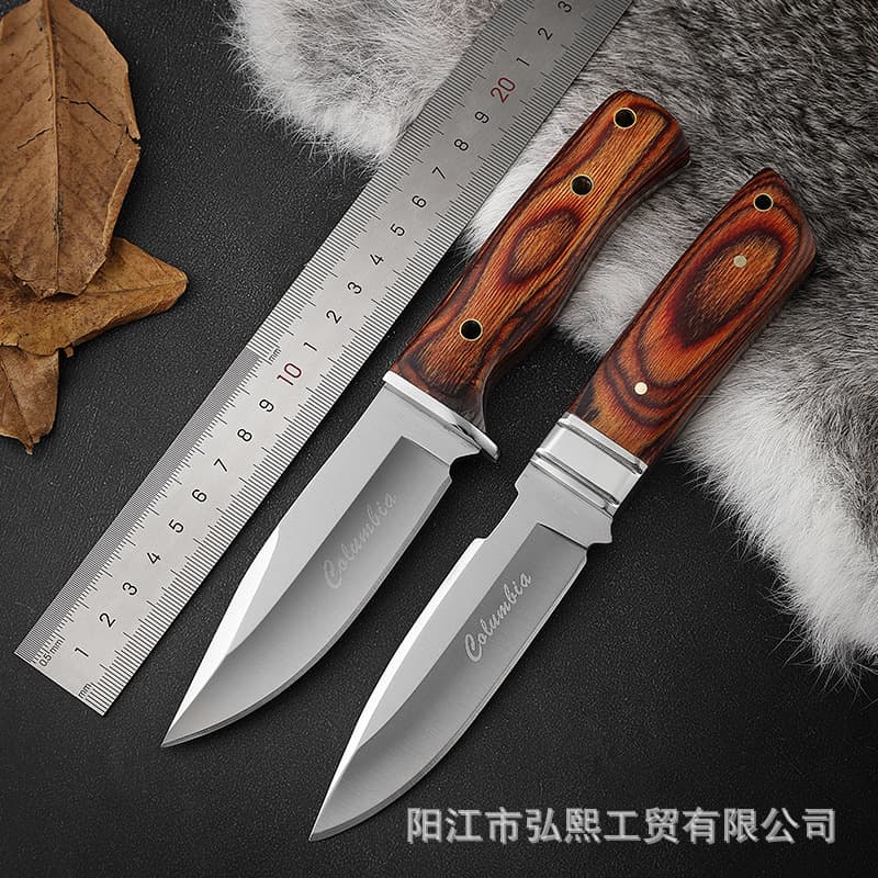 Outdoor Straight Knife, Survival Hunting Knife, Camping BBQ Portable Fruit Knife, Cross-Border Wooden Handle Knife