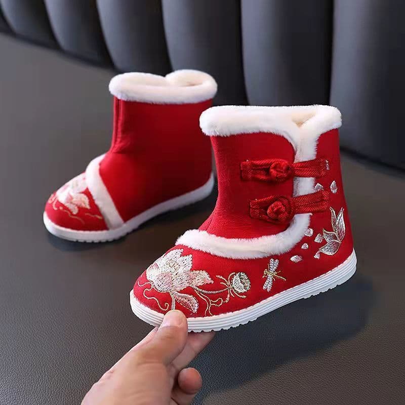 Hanfu Shoes Girls Winter Chinese Style New Year Shoes Children Red Cotton Boots Ancient Costume Embroidered Shoes Ethnic Style Boots