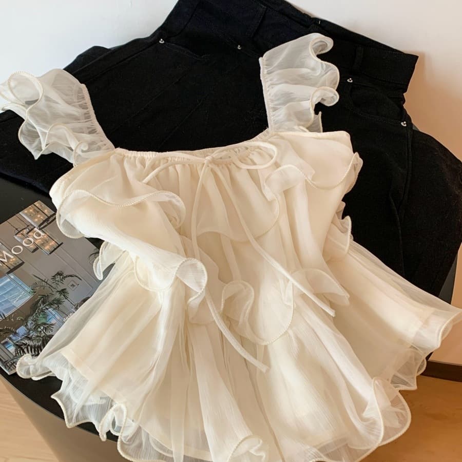 Korean sweet ruffled lace-up chiffon shirt with small flying sleeves for women summer 2026 new style doll shirt top