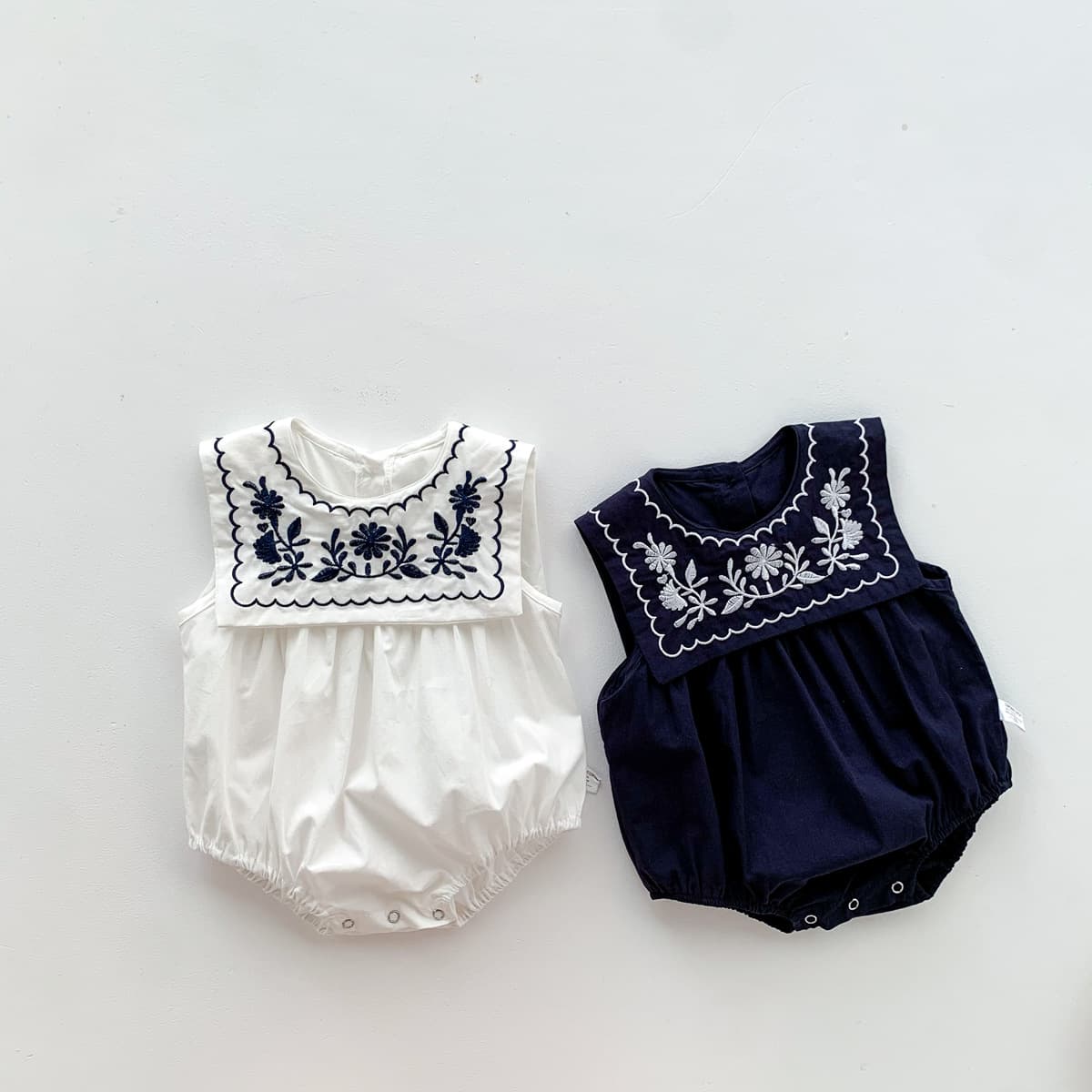 Summer Thin Baby Vest Sleeveless Embroidered Square Collar Navy Style Women's Baby Tunic Cotton Material Footies