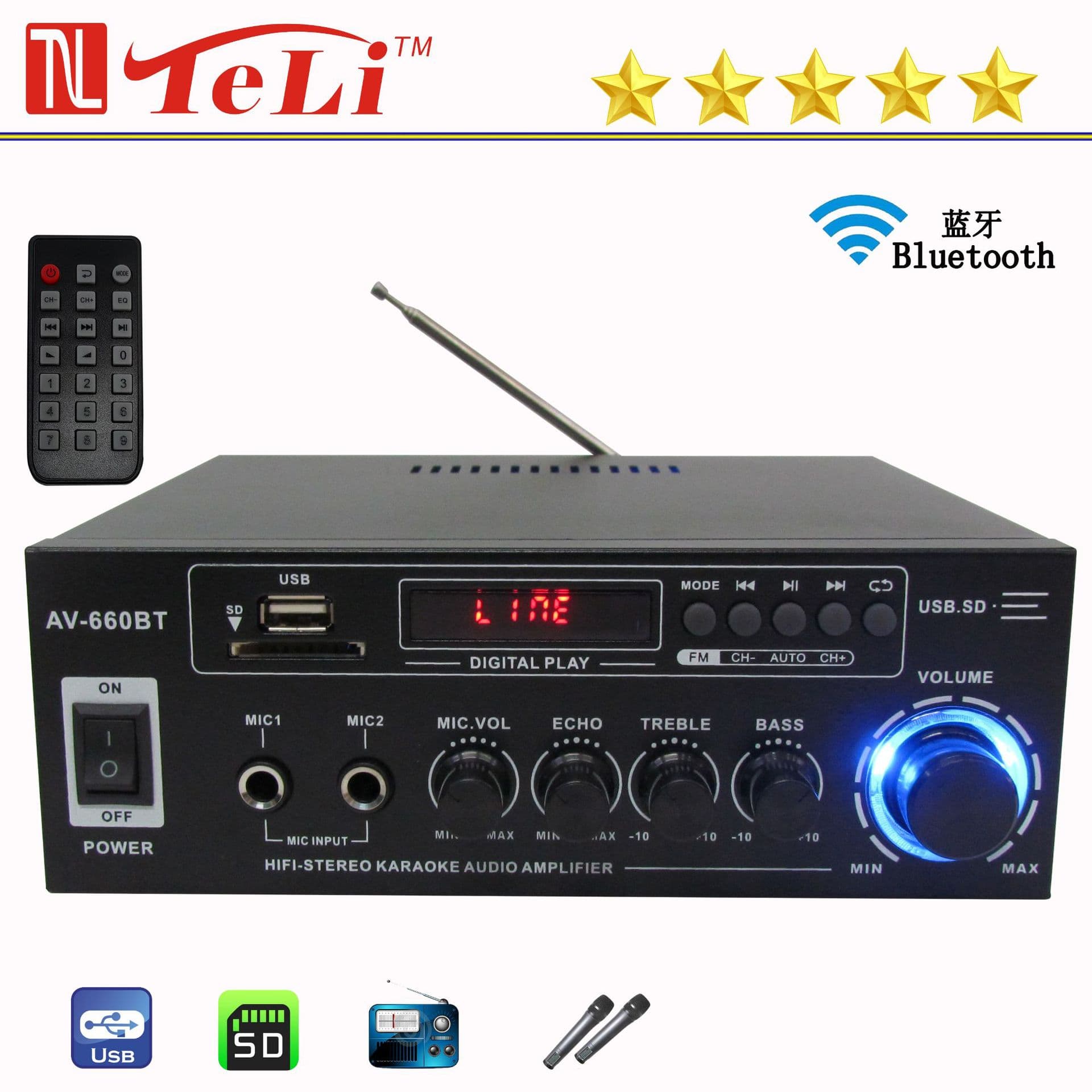 Cross-border Trade AV660BT Microphone Bluetooth USB Radio 12V/220V AC/DC Car Home Amplifier