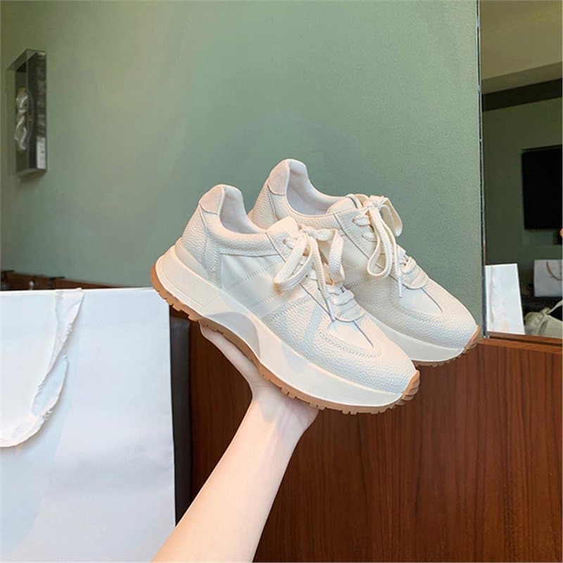 Leather Edition~ Round Toe Stitched "Comfort-Step" Thick Sole Lace-Up German Training Shoes for Women, Genuine Leather Casual Sneakers Platform Dad Shoes