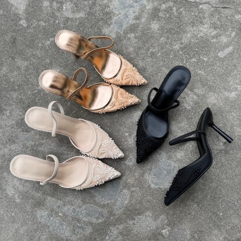 Women's Fashion Open-Toe Sandals, Summer New Style, Backless French Pointed Toe, Thin Heel, Mesh Hollow Beaded High Heels