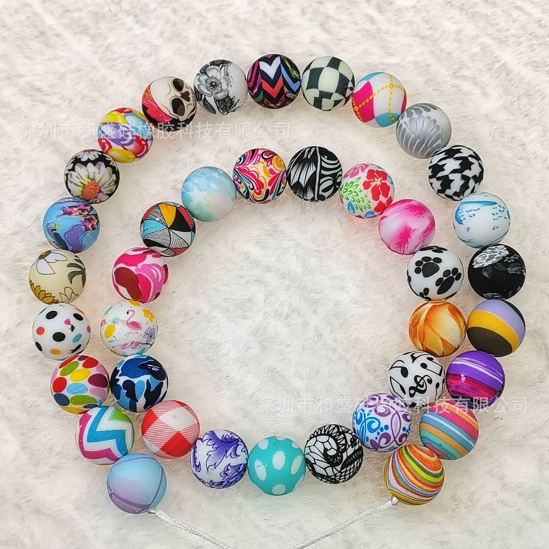 Silicone Beads Christmas Colorful Water Transfer Round Beads 15mm Bracelet Donut Teething Beads Factory In-Stock Wholesale