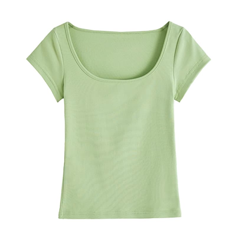 40s Combed Pure Cotton Women's Short-Sleeve T-Shirt with Deep U-Neck, Flattering Collarbone-Revealing Slim Fit Top for Summer