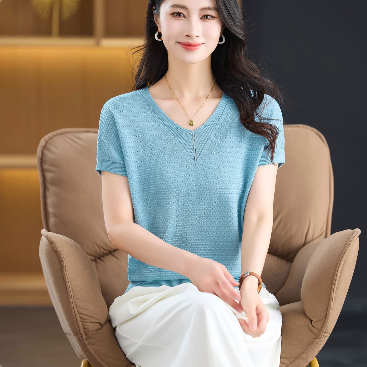 [Factory Direct] Summer Solid V-Neck Tencel Short-Sleeve T-Shirt for Women Versatile Hollow Thin Ice Silk Top Fashion