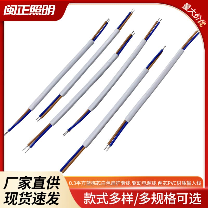 Two-core 0.3 square millimeter wire, blue-brown core, white flat sheathed wire, driver power cord, two-core PVC material, high temperature resistant.