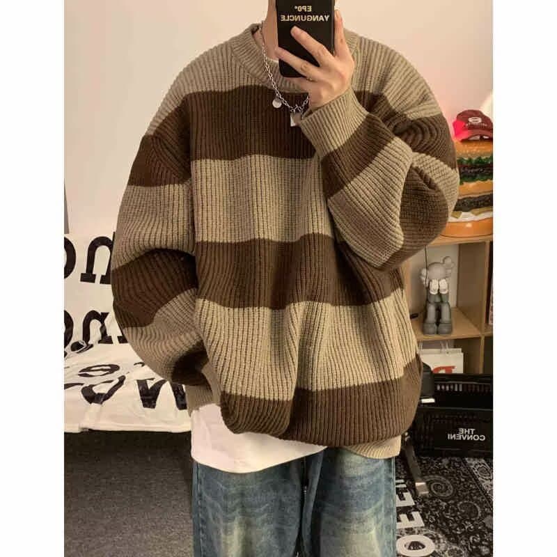 Striped crew neck sweater men's loose lazy style American trend new fashion brand autumn and winter thickened men's sweater