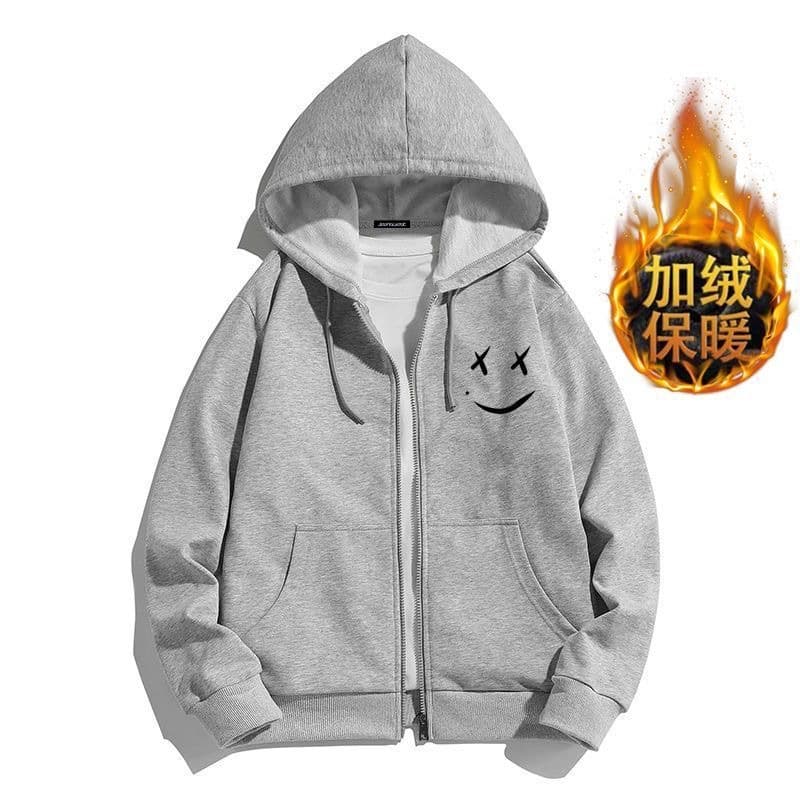 Hooded sweatshirt jacket men's autumn new Hong Kong style loose casual tops plus velvet thickened solid color cardigan jacket