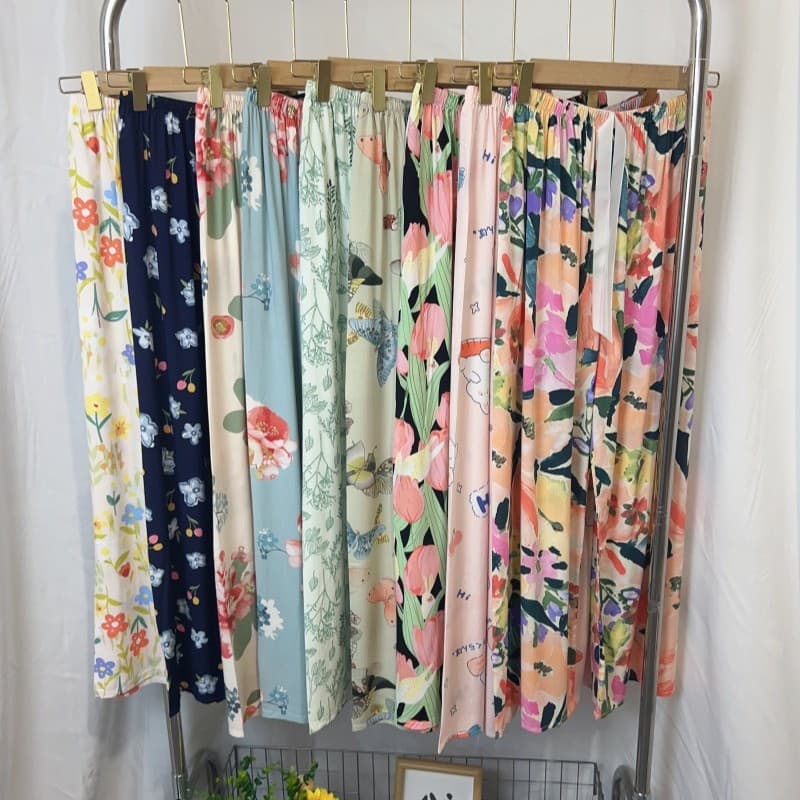 High Waist Wide Leg Cotton Silk Sleep Pants Women Summer Thin Large Size Outdoor Wear Home Floral Print Long Pants Wholesale