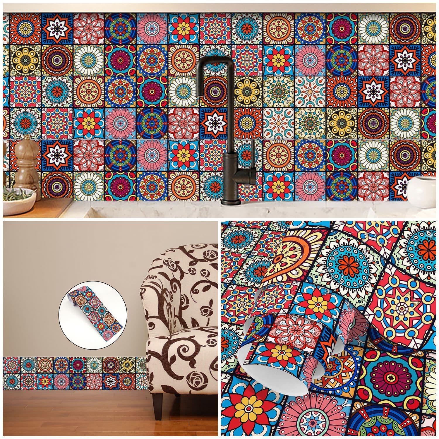 Xiyin cross-border supply colorful mandala pattern waistline stickers PVC self-adhesive waterproof wall renovation decorative stickers