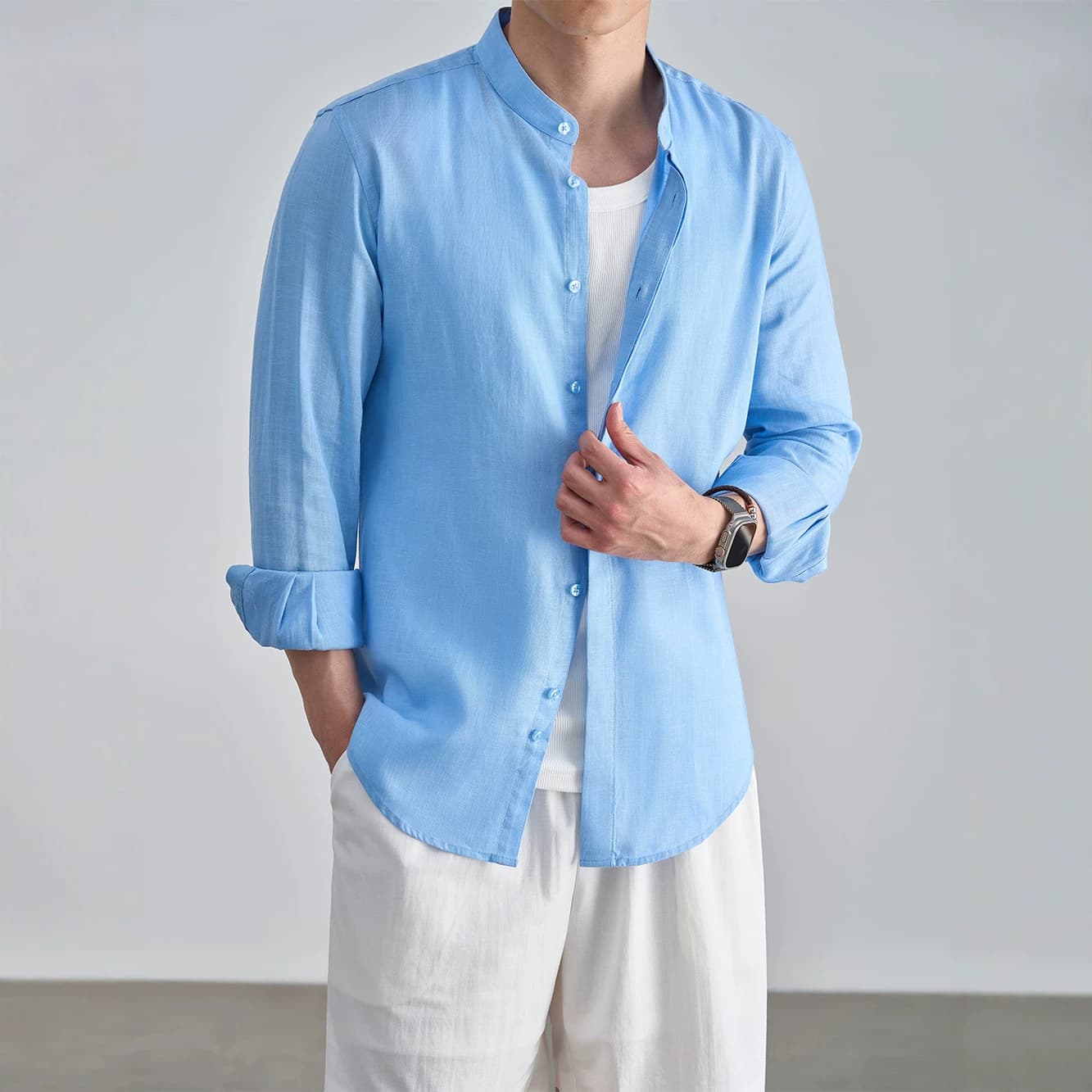 [Imported Dew Retting Linen Stand Collar Shirt] 2026 Old Money Summer Vacation Style Men's Casual Thin Long Sleeve Shirt