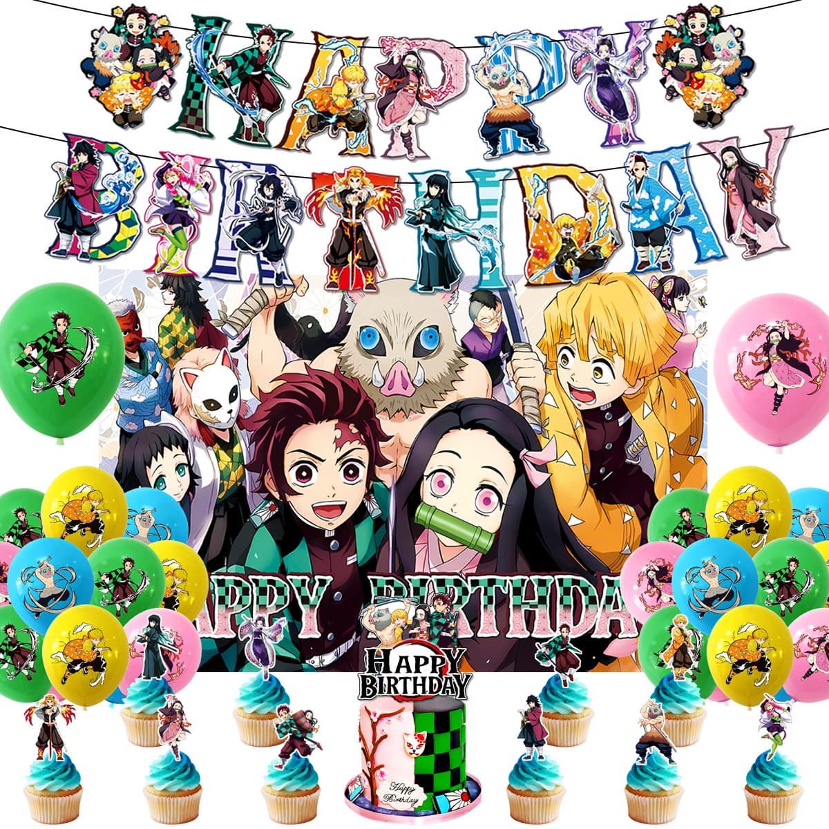 Demon Slayer Themed Birthday Party Demon Slayer Banner Pull Flag Balloon Cake Insert Decoration Set