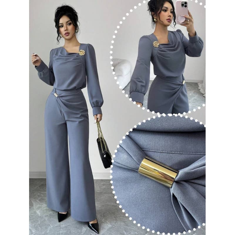 Elegant Off-Shoulder Metallic Floral Long-Sleeve Blouse for Amazon Cross-Border US/EU Market, 2026 Fall New Arrival, Chic Straight-Leg Pants