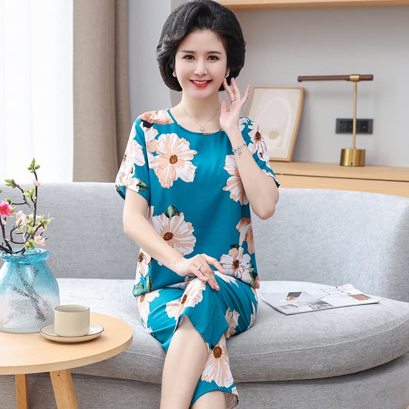 Women's Cotton Silk Pajama Set Short Sleeve Two-Piece Summer Thin Loose Fit Middle-Aged Mother Casual Homewear Simple