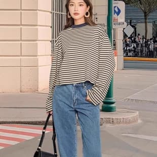 2025 Fall Relaxed Effortless European and American Style Casual Loose Versatile Retro Contrast Stripe Long Sleeve T-shirt Top