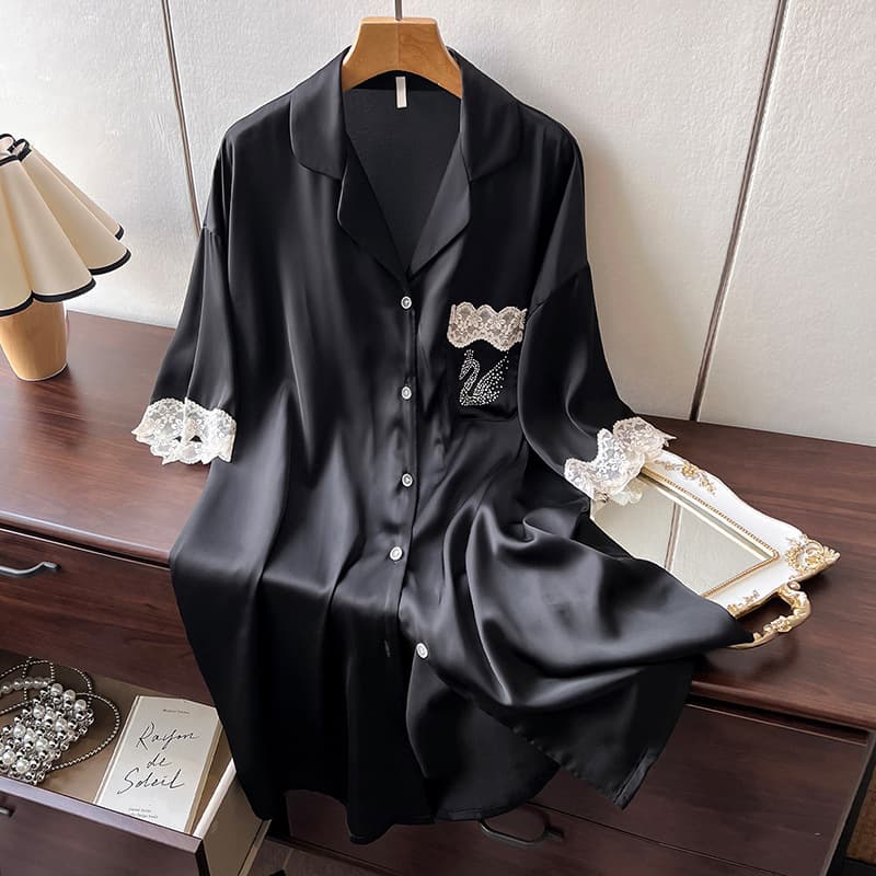 2025 Ice Silk Plus Size Black Simple Sexy Nightgown Women High Sense Style Lingerie Shirt Sleep Dress Homewear Thin