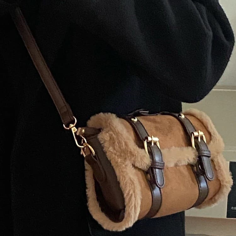 European and American Retro Style Handbag Suede Fleece Patchwork Color Block Cambridge Bag Crossbody Shoulder Bag Lambswool Small Square Bag