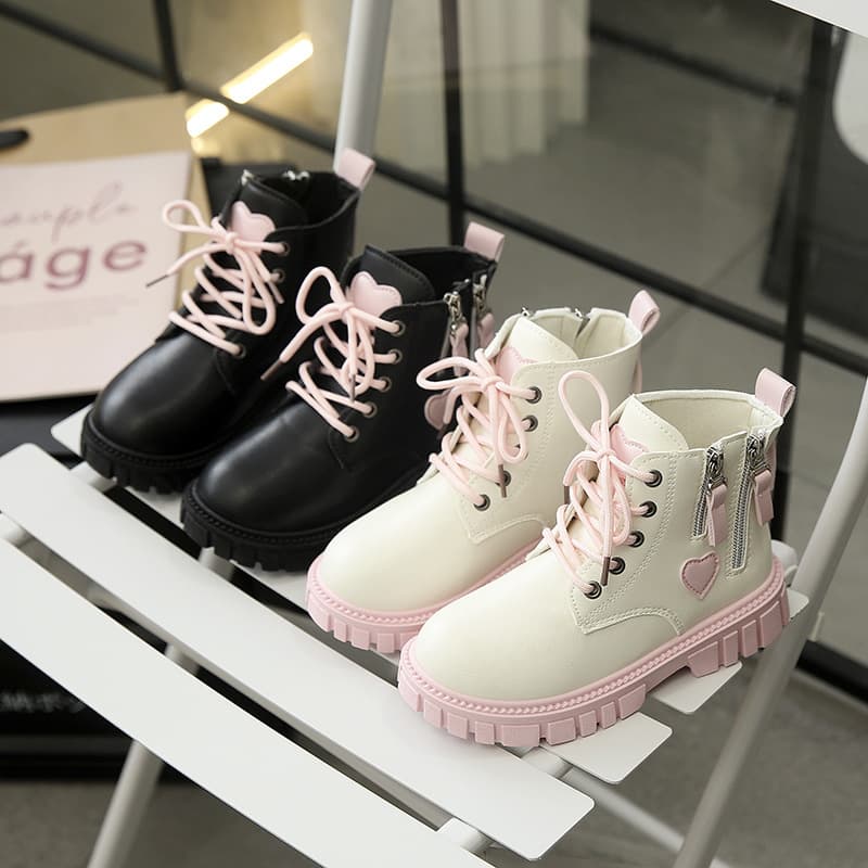 Girls' Side Zipper Boots Autumn and Winter New Children's Boots Girls' Medium and Large Kids' Heart Princess Leather Boots Single Boots