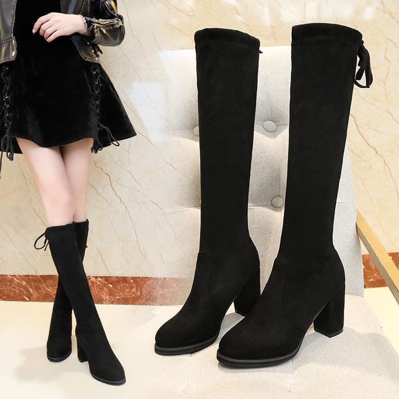 Cross-Border Women's Boots, Over-the-Knee Boots for Petite Women, Mid-Calf Boots, High Heel Elevator Boots, Winter Fleece-Lined High-Top Stretch Boots