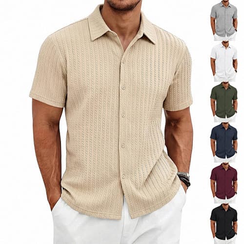 Cross-Border European and American Men's Casual Jacquard Shirt, Summer Solid Color Lapel Breathable Men's Short-Sleeved Shirt Top