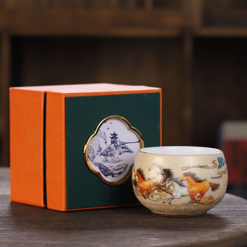 Enamel Color Tea Cup Ceramic Master Cup Eight Steeds Full Color Tea Tasting Cup Single Cup Gold Tracing Tea Bowl Arhat Cup Gift Box Set