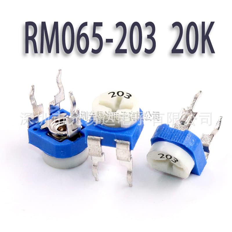 Blue-White Horizontal Adjustable Resistor RM065-203, 20K Resistance